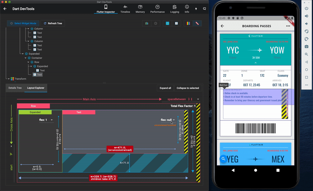 The Layout Explorer showing errors and device inspector